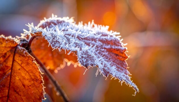 Frozen leaf close-up autumn foliage rimed with frost glistens in sunlight against a blurred, warm-toned background - Powered by Adobe