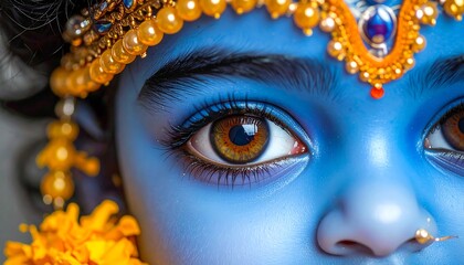 Close-up of an individual with blue skin and ornate gold jewelry, eyes intensely focused and radiant