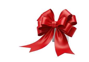 A vibrant red satin bow, perfectly tied with sculpted loops and flowing tails, displaying elegant 3D form on a transparent, shadow-free studio background, gift packaging concept