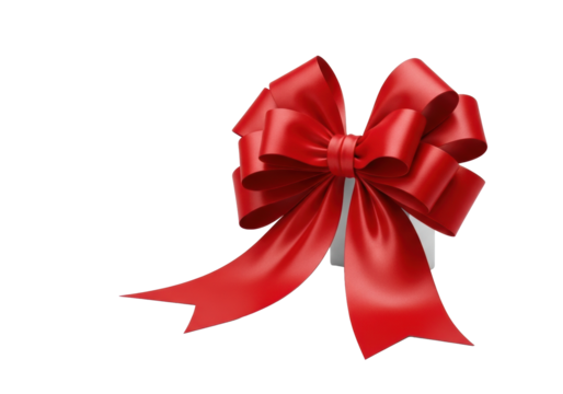 A vibrant red satin bow, perfectly tied with sculpted loops and flowing tails, displaying elegant 3D form on a transparent, shadow-free studio background, gift packaging concept