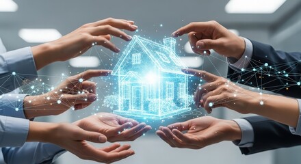 Team collaborates on futuristic digital house blueprint, building dreams together. Teamwork Business Technology, Teamwork Business Meeting, Teamwork Real Estate Business.