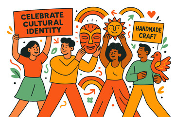 Creative Cultural Parade. Celebration of cultural identity. Parade of artists holding banners, masks, and