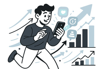 Digital Engagement Growth. Digital membership growth. Person checking app notifications with glowing icons for