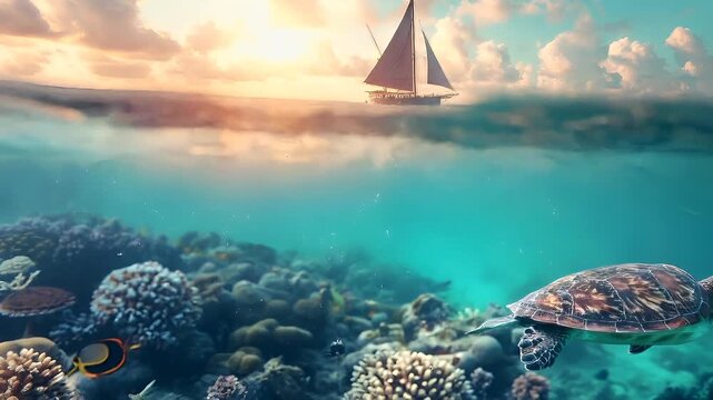 A vivid underwater scene featuring a turtle swimming over a coral reef. The turtles shell is detailed with intricate patterns, and its flippers are spread out, suggesting movement.