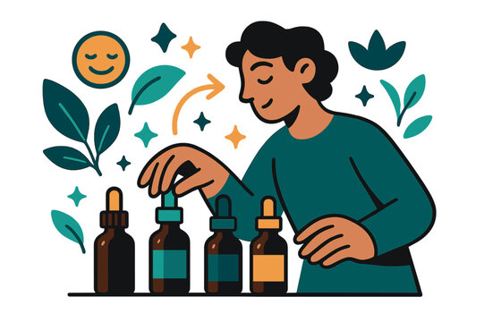 Mindful Aromatherapy Selection. Aromatherapy oils. Person selecting essential oils from collection with abstract floating icons, leaves, and sparkles; conveys