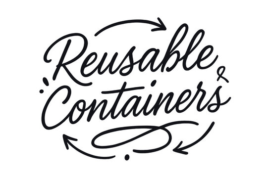 Reusable Containers Brush Script. Reusable Containers ? brush script hand-lettering with fluid semi-cursive strokes, thin connectors, fast brush accents;