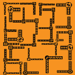 Abstract Ornamental Pipe Maze Artwork on Orange Background – Intricate Vintage-Inspired Geometric Pattern, Decorative Maze Lines, Artistic Black and Orange Design for Wall Art, Posters, and Decor
