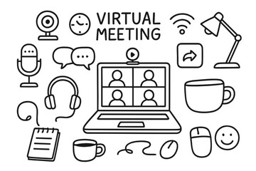 Virtual Meeting Icons. Virtual meeting. Hand-drawn doodle illustration virtual meeting laptop, webcam, microphone, chat bubbles, video grid, clock, wifi