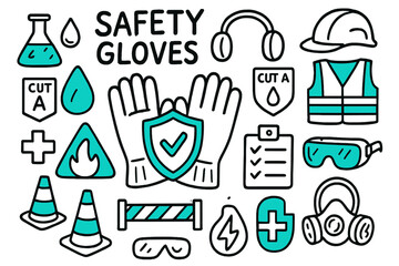 Fototapeta premium Safety Gear Doodle. // Safety gloves. Hand-drawn doodle illustration safety gloves [glove pair with shield (accented), PPE helmet, ear protection,