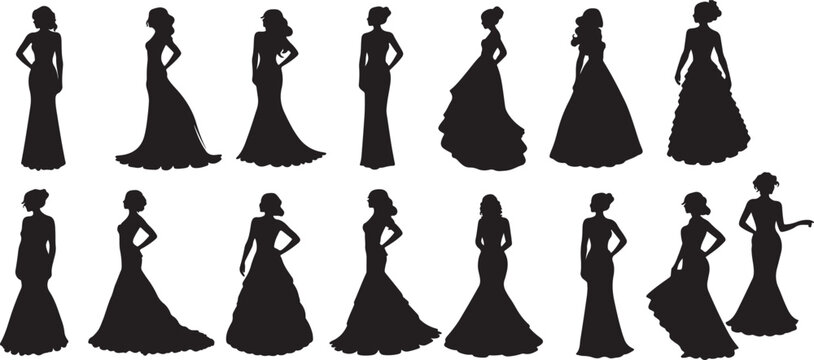 Elegant Ladies in Gowns Silhouettes for Fashion Beauty and Design Projects
