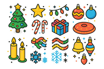 Fototapeta premium Festive Christmas Icons. Christmas celebration. Colorful isometric vector icons set of Christmas celebration: Christmas tree, star topper, lights, baubles,