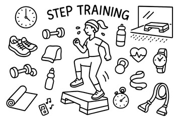 Step Training Doodle. Step Training. Hand-drawn doodle illustration Step Training aerobic step, person exercising, dumbbells, sneakers, towel, water bottle,