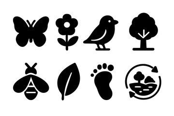 Biodiversity Icon Set. Biodiversity protection. Filled icon set of biodiversity protection: butterfly, flower,
