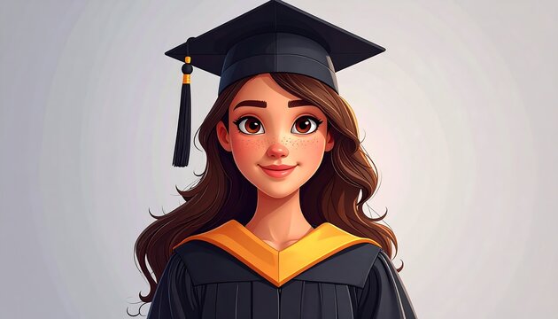Digital cartoon portrait of a woman wearing a graduation cap and gown, with a neutral background