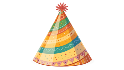 Colorful cone-shaped party hat, isolated on transparent background, bright festive tone.