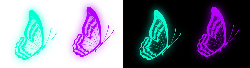 Neon butterfly set. Glowing cyan and purple insect icon. Bright magic animal silhouette. Isolated transparent PNG.