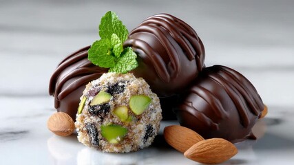 Delightful chocolate treats with nuts and herbs for a tasty dessert experience in a modern kitchen