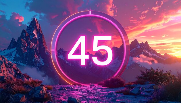 Digitally rendered mountain scene with a neon number '45' in a circle against a colorful sunset sky