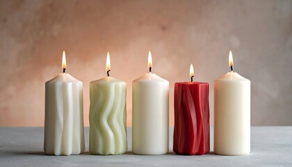 Five candles of different colors and textures alight against a blurred, neutral background on a gray surface