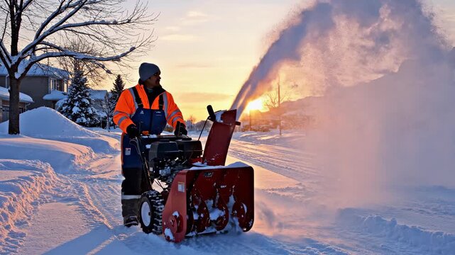 Man Clearing Snowy Residential Street With Snow Blower At Sunrise.