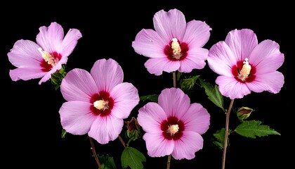 Five hibiscus flowers bloom, their light pink petals contrast against a stark black backdrop
