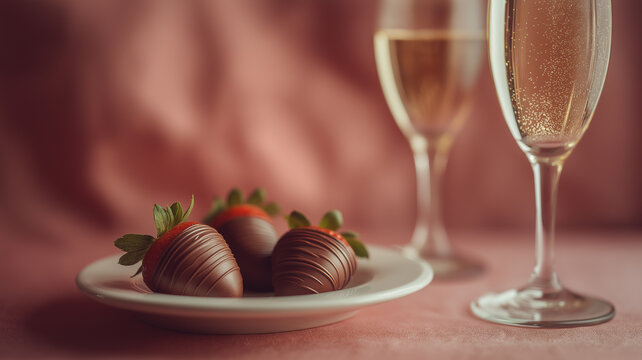 Chocolate-dipped strawberries and sparkling drinks make a perfect Valentine's Day setup Generative AI