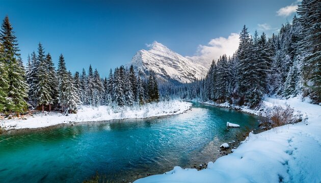 Snowy Mountain Peak With Turquoise River And Pine Forest Winter Wonderland In Cinematic Wide Angle View Pristine And Peaceful Perfect For Landscape Photography
