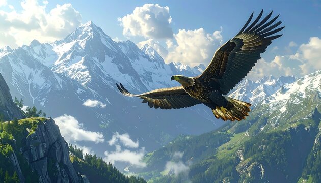 Eagle soars over a lush valley nestled between snow-capped mountains under a bright blue, cloudy sky