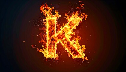 Flaming letter "K" on dark background, engulfed in fiery, bright orange and yellow flames