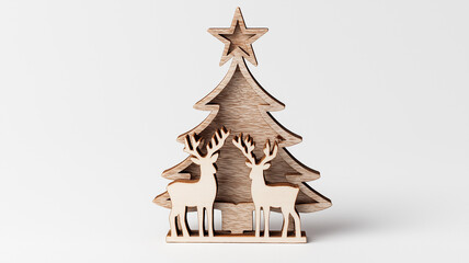 Wooden Christmas decorations feature a tree, two deer, and a star shining brightly Generative AI