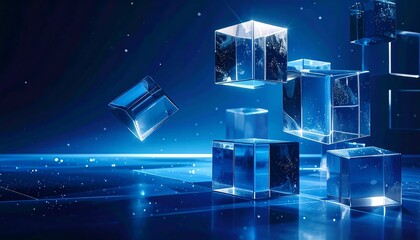 Floating, clear blue cubes scatter, reflecting light, creating a modern, ethereal digital scene