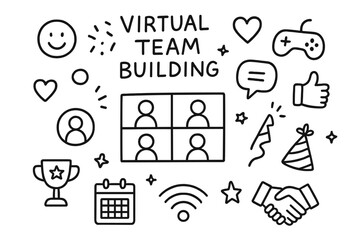 Virtual Team Doodle. Virtual team building. Hand-drawn doodle illustration virtual team building people icons, heart, smile face, video grid, game controller,