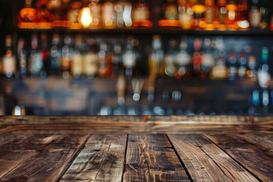 Wooden bar counter with blurred bottles in background