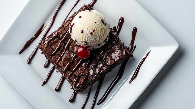 Top view brownies with ice cream vanilla and cherry on square white plate with copy space for National Brownie Day, National Brownies at Brunch Month