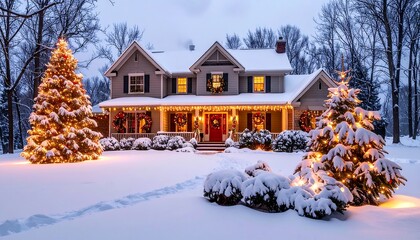 Cozy house bathed in soft light on a snowy day, with trees decorated for the winter holidays