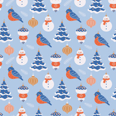 Seamless Christmas pattern with vintage Christmas tree decorations. Vector seamless background in flat cartoon style.