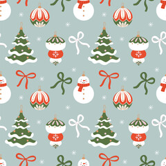 Light green Christmas toy pattern with bows and ornaments