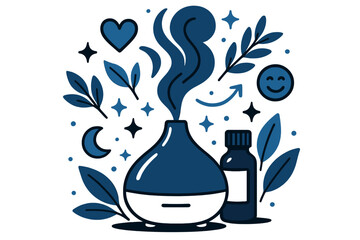 Aromatic Serenity Icons. Aromatherapy oils. Diffuser releasing aromatic steam with abstract floating icons, leaves, and sparkles; conveys calm, relaxation, and