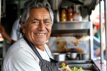 Smiling senior man serving food at food truck