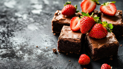 Delicate chocolate brownies adorned with vibrant ripe strawberries on dark surface  with copy space for National Brownie Day, National Brownies at Brunch Month