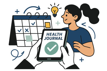 Dynamic Health Journal. health journal. Hands holding a tablet with a green checkmark, a calendar in the background with notes and stickers, a lightbulb