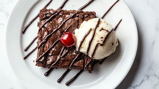 Top view brownies with ice cream vanilla and cherry on white plate with copy space for National Brownie Day, National Brownies at Brunch Month - Powered by Adobe