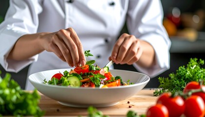 Chef prepares fresh salad with tomatoes, cucumbers, and greens, showcasing culinary skill and healthy eating habits