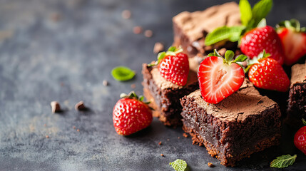 Delectable Brownie Slices with Fresh Strawberries: A Sweet Indulgence Still Life with copy space  for National Brownie Day, National Brownies at Brunch Month