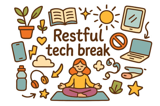 Restful Tech Retreat. Restful tech break. Hand-drawn doodle illustration of restful tech break. Meditation