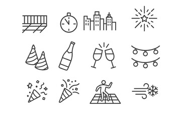 Fototapeta premium Rooftop Party Icons. New Year?s Eve Rooftop Party with City Views. Line icon set of New Year?s Eve Rooftop Party with City Views: rooftop terrace, city
