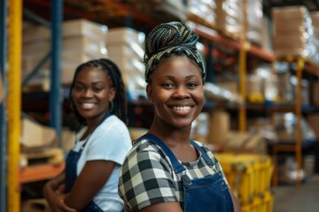 Two young women smiling in a warehouse