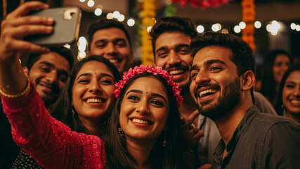 Group of young indian friends taking a selfie with a smartphone at a festive party. Happy people having fun celebrating festival or gathering.