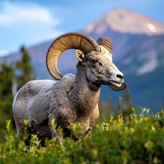 A majestic male wild sheep with curved horns poses on a hillside