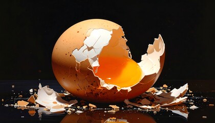 Cracked egg with yolk spilling. Small shards on a reflective surface, set against a black background